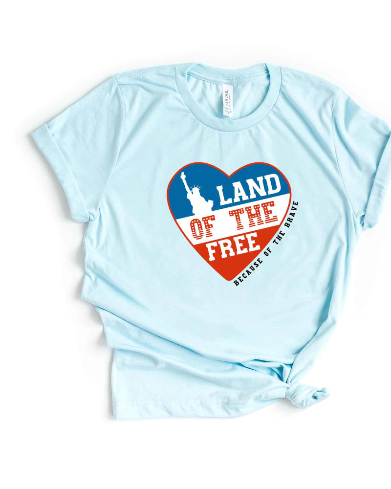 Front of a size L Land Of The Free Heart Short Sleeve Graphic Tee in Ice Blue by Simply Sage Market. | dia_product_style_image_id:295202